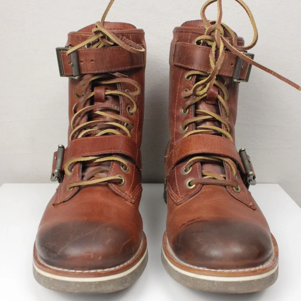 Polo Ralph Lauren Maurice Leather Harness Boots Mens 9D Brown Lace Up Moto
